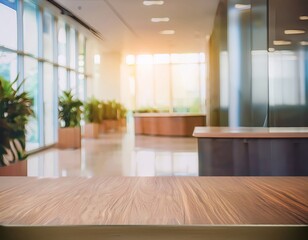 Obraz premium Modern business reception with wooden desk and glass office concept