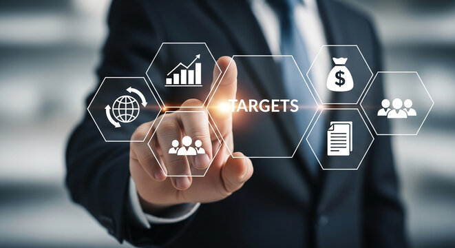 Businessperson's finger on digital interface with hexagon icons for growth, finance, team, document, global reach, symbolizing business strategy and goal achievement