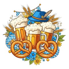 Beer mugs with foam, pretzels, blue alpine hat and flowers, festive Oktoberfest decor, colorful cartoon poster, template