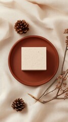 A beautifully styled A5 card mockup rests on a vintage plate, surrounded by pine leaves and white beads, creating a serene boho aesthetic against a linen backdrop