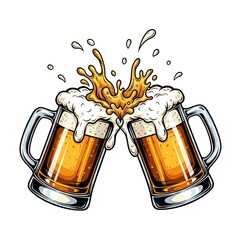 Beer mugs with foam splash clinking together, bright orange palette, Oktoberfest festive poster, copy space