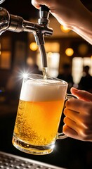 Pouring fresh lager beer from tap into glass mug, golden yellow palette, bar or pub menu background, Oktoberfest concept