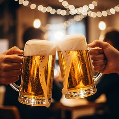 Two clinking beer mugs with golden lager and foam, warm yellow-brown palette, festive pub atmosphere, Oktoberfest celebration