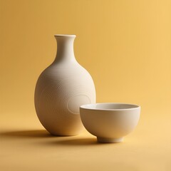Elegant White Ceramic Bowls and Vase on a Mustard Background