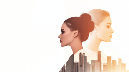 Woman's profile with city skyline overlay in modern design  