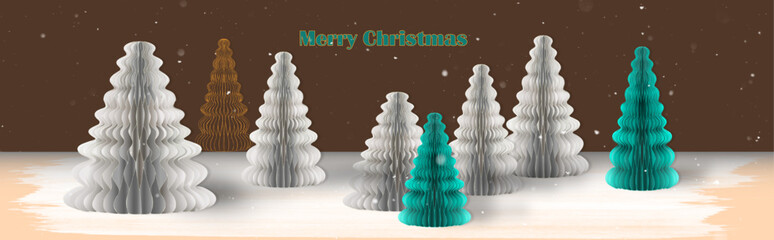 New design honeycomb Christmas trees in off-white and petrol blue are grouped together like a forest. English text: Merry Christmas. Real snowfall.