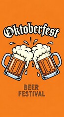 Oktoberfest beer mugs with foam splash, bright orange palette, festive poster or invitation for beer festival, copy space