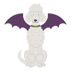 White poodle wearing bat wings for halloween costume party