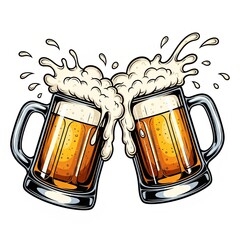 Beer mugs with foam splash clinking together, bright orange palette, Oktoberfest festive poster, copy space