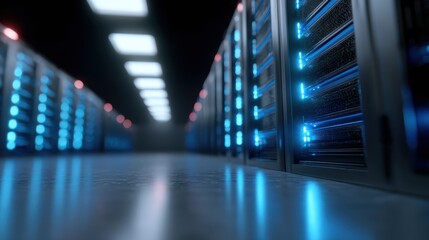 A 3D render of a futuristic server room with glowing blue light, symbolizing data processing and cloud technology.
