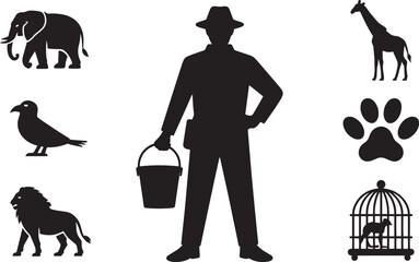 Silhouette of a Zookeeper with Animals on a Transparent Background for Conservation