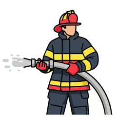 Cartoon firefighter hero in uniform holding a powerful water hose. First responder and public safety service concept illustration