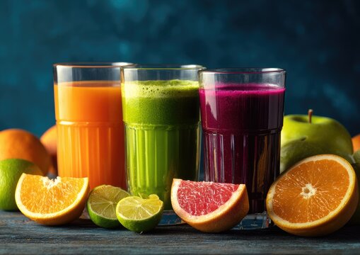 Three vibrant juices in glasses, surrounded by fresh fruits