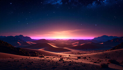 Obraz premium A serene desert landscape at night, with a vibrant celestial glow over sand dunes and mountains under a breathtaking starry sky