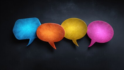 Four colorful speech bubbles affixed to a dark chalkboard