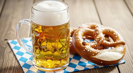  Traditional Bavarian beer in a mug with salted pretzels on wooden table, blue-white palette, Oktoberfest celebration, copy space