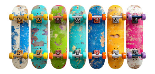 Colorful and Vintage Skateboards Arrayed on a Transparent Background for Art Use