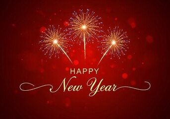 Happy new year text with fireworks on red background