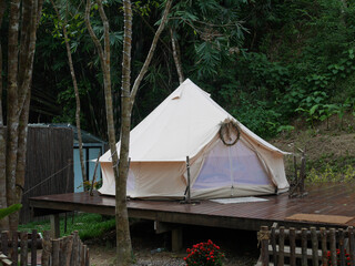 Cozy Glamping Tent Surrounded by Lush Green Nature in Forest Setting