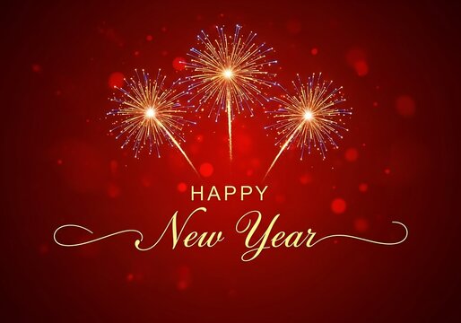 Happy new year text with fireworks on red background