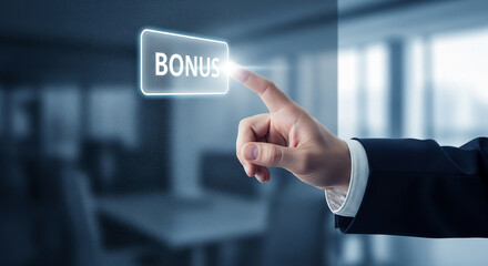 Hand presses glowing "Bonus" button, suggesting reward, achievement or extra benefit Business concept, suitable for website banner or advertisement