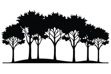 Silhouette Image of Dense Woodland Trees with Detailed Branching, Vector Illustration Design