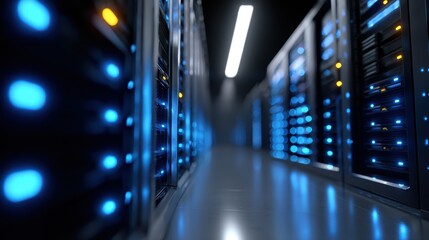A 3D render of a futuristic server room with glowing blue light, symbolizing data processing and cloud technology.