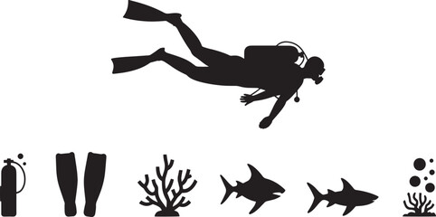 Underwater Adventure Silhouette A Diver's Paradise with Marine Life and Coral Reef Elements