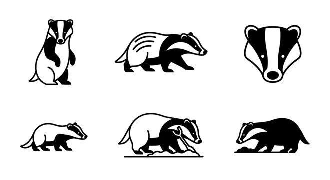 Badger Wildlife Outline Icons, Animal Silhouette Vector Set