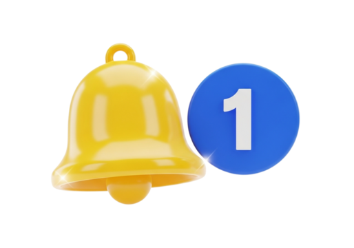 Yellow notification bell with number 1 isolated on transparent background