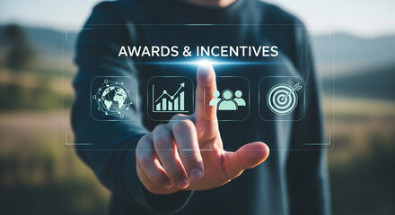 Hand interacts with digital interface showing awards and incentives icons, symbolizing business growth, team success, and achieving goals