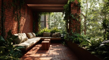 Sunny brick patio with lush greenery
