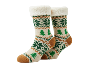 Cozy winter socks with snowflake and tree pattern isolated on transparent background