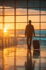 Silhouette of a traveler at the airport pulling suitcase at sunset. 