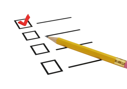 Checklist with a red check mark and yellow pencil isolated on transparent background