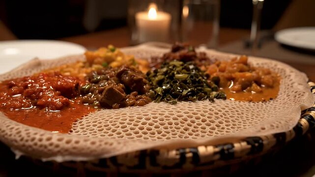 Close-up of Authentic Ethiopian food platter served on Injera bread, close to camera view