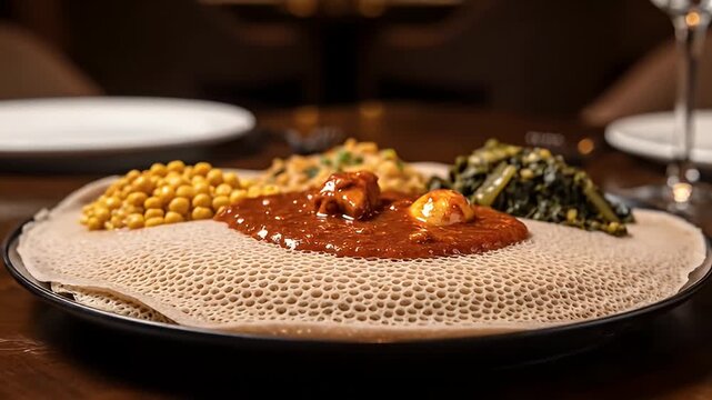 Close-up of Ethiopian food being served on Injera bread with traditional stews and vegetables