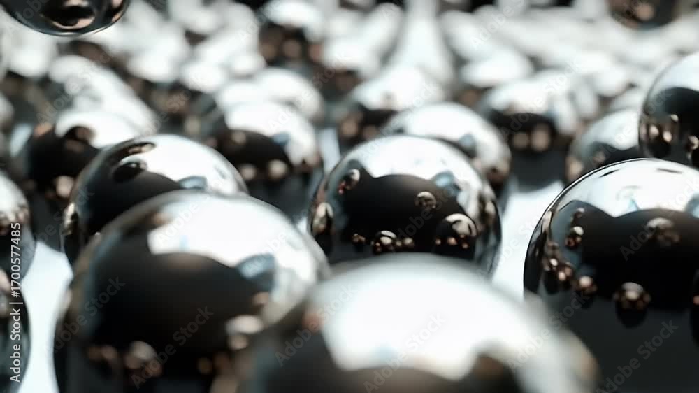Poster close-up 3d render of dark reflective spheres rolling and bouncing in a chaotic, mesmerizing pattern