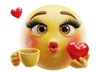 Emoji with coffee cup and heart isolated on transparent background