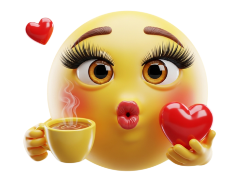 Emoji with coffee cup and heart isolated on transparent background