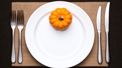 A charming table setting features a small white pumpkin and acorns on a plate, accompanied by a linen napkin atop a burlap runner, perfect for autumn gatherings
