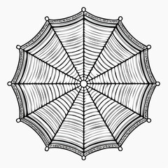 Fototapeta premium Elegant hand-drawn monochrome spider web with an intricate, symmetrical pattern. A detailed graphic illustration isolated on a white background for Halloween or nature-themed designs