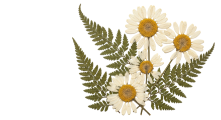 Antique dried daisies & ferns in muted earthy tones, precisely arranged on a transparent background with copy space, evoking historical botanical collections. Concept of nostalgic botanical