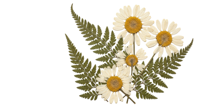 Antique dried daisies & ferns in muted earthy tones, precisely arranged on a transparent background with copy space, evoking historical botanical collections. Concept of nostalgic botanical