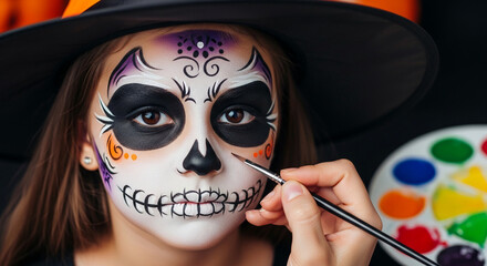 Close-up of girl's face with Halloween skull makeup being applied, showcasing vibrant colors and intricate details, symbolizing festive spirit and creativity