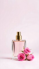 Elegant glass perfume bottle with delicate pink roses on a soft pastel background