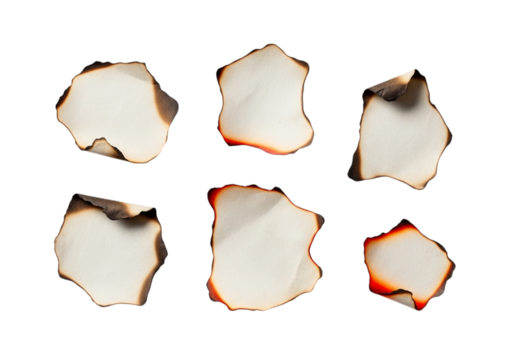 Six burnt paper pieces isolated on transparent background