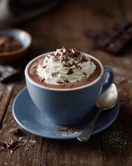 A warm cup of cocoa topped with whipped cream and chocolate shavings served on a rustic wooden table