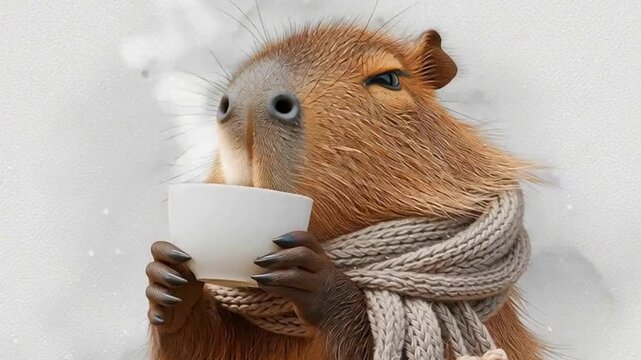 grumpy capybara in winter scarf is drinking a cup of hot beverage