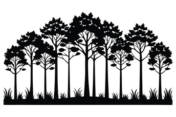 Silhouette of a forest with various trees and grass in monochrome vector art